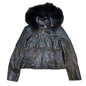Vintage Y2K Baby Phat Genuine Leather Jacket With Faux Fur Hood Lined Leopard La